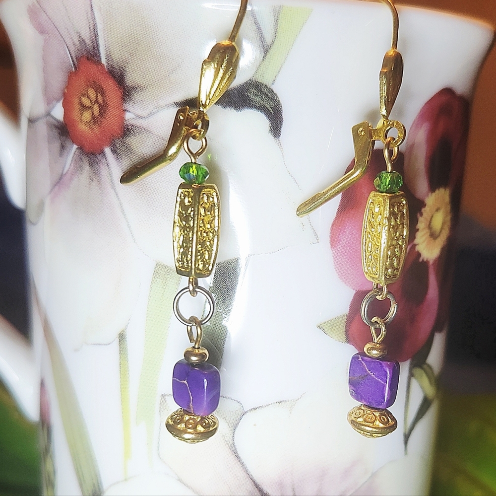 Artisan Purple Sugulite Dangle Earrings Green Swarovski Crystals Gold Plated NEW